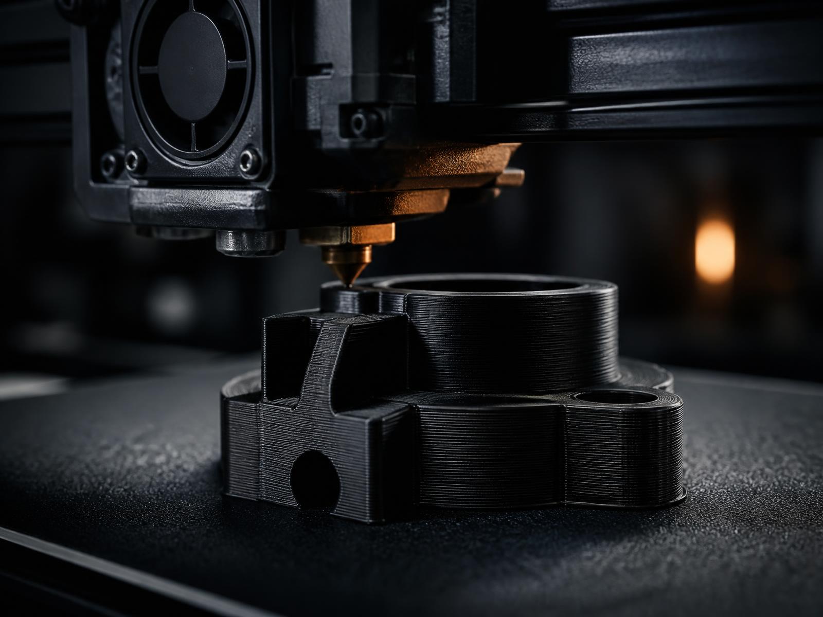 Tisková hlava 3D tiskárny při výrobě technického dílu s viditelnými vrstvami